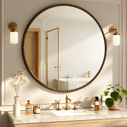 Runder Wandspiegel 80cm PU Perlenrahmen Braun Retro Badspiegel