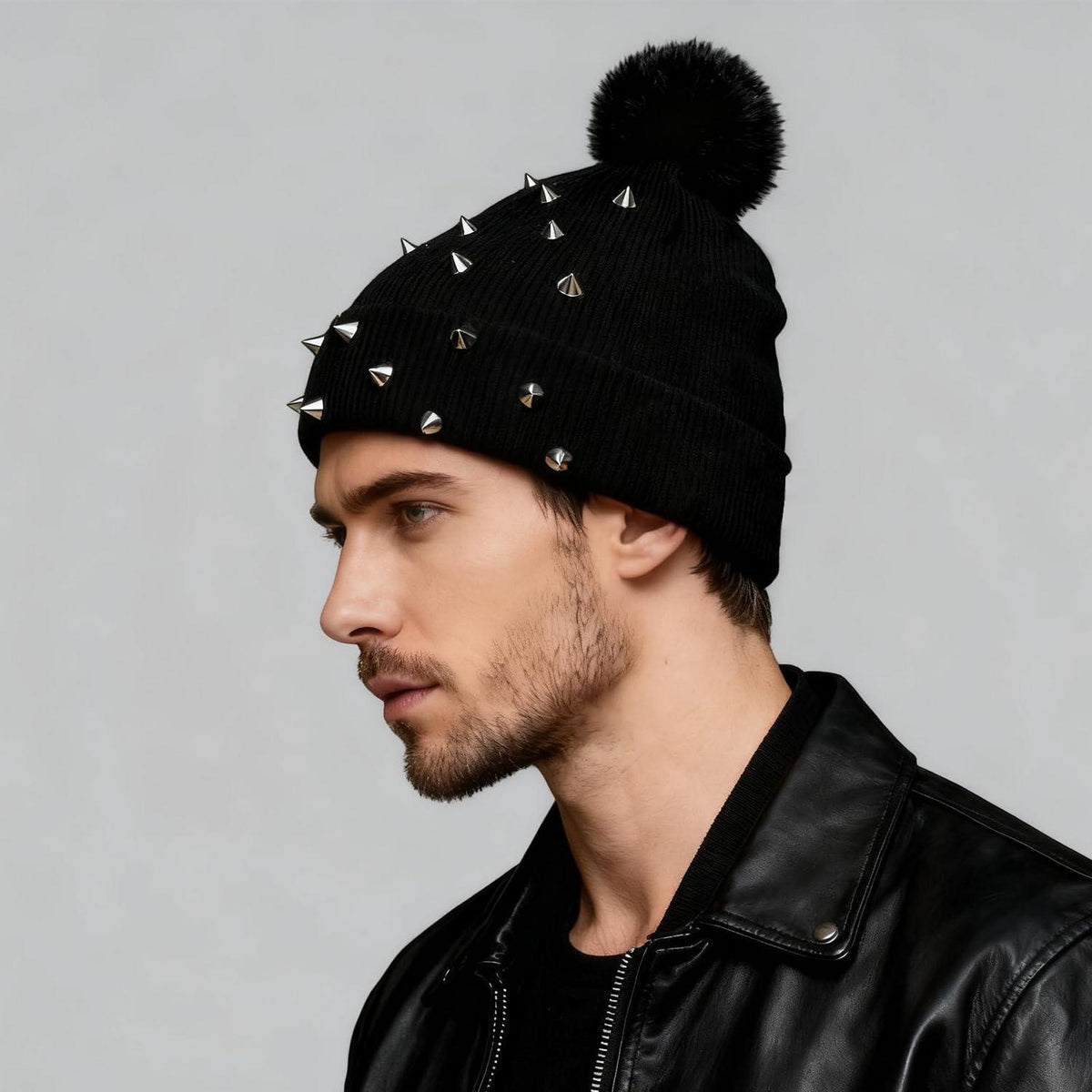 Strickmütze Punk Nieten mit Wollbommel Grunge Y2K