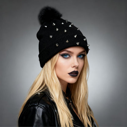 Strickmütze Punk Nieten mit Wollbommel Grunge Y2K