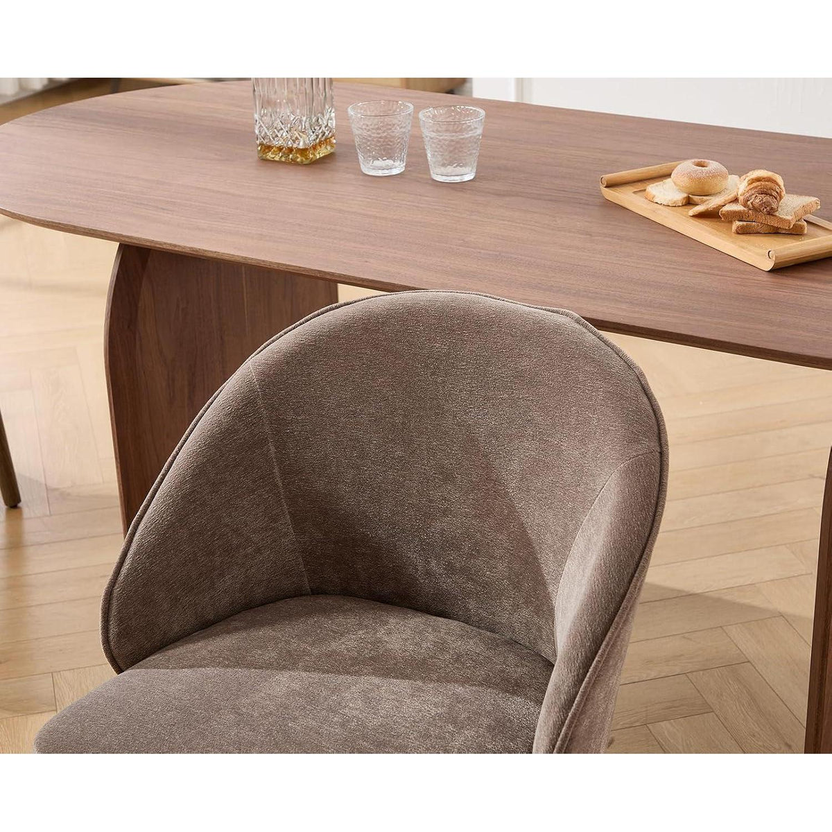 Esszimmerstühle 2er Set, Braun, Chenille Polsterstuhl mit Holzbeinen