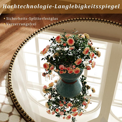 Runder Wandspiegel 60cm PU Perlenrahmen Braun Retro Badspiegel