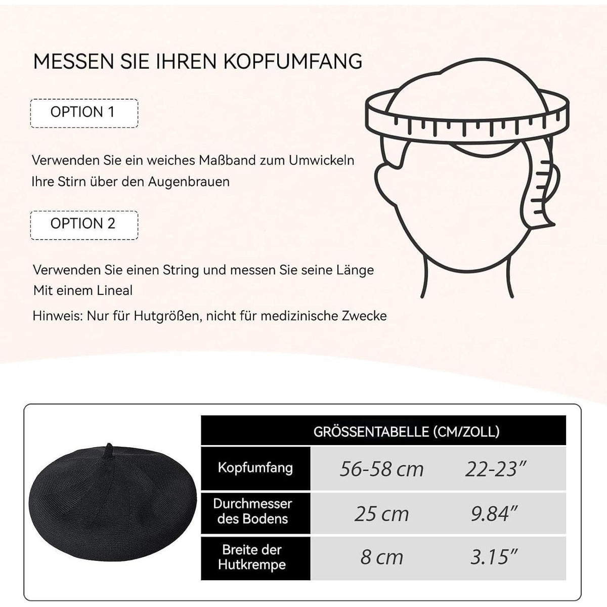 Damen Baskenmütze Sommer - Leichte Baumwoll Beanie Cap Schwarz