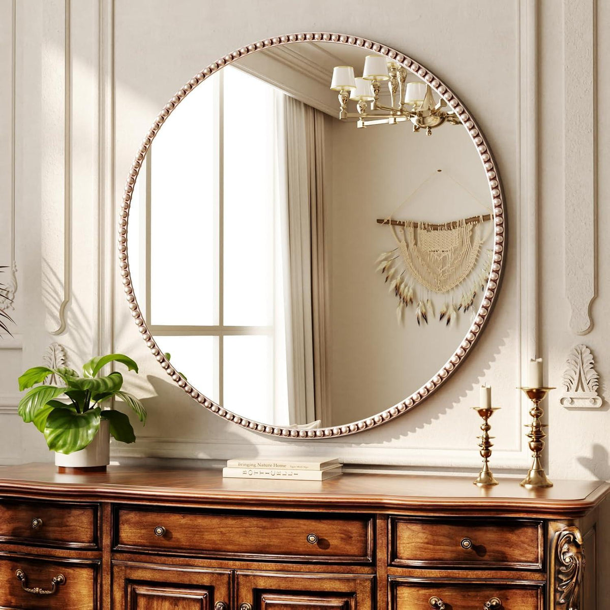 Runder Wandspiegel 80cm mit PU-Perlenrahmen in Silber – Retro Design