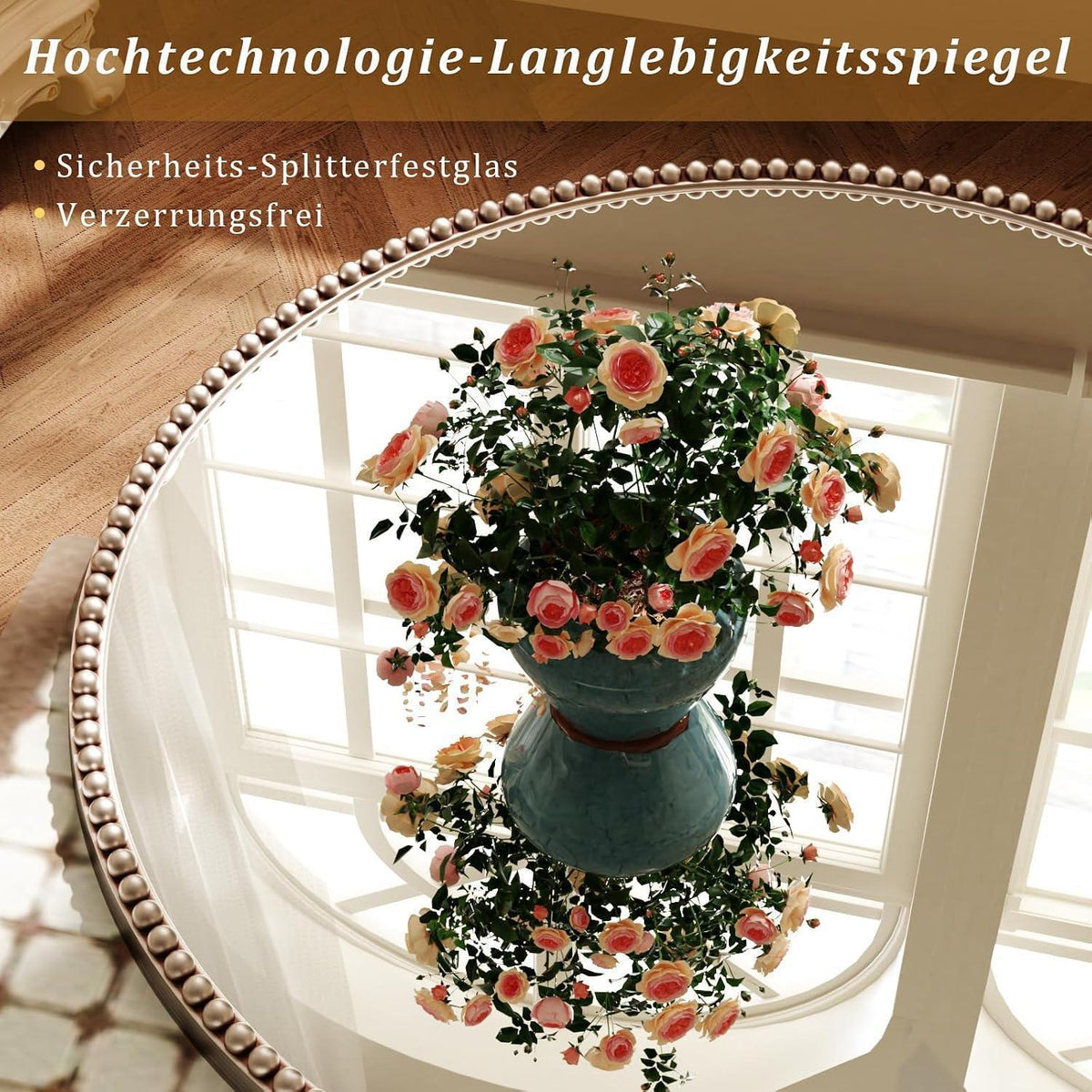 Runder Wandspiegel 80cm mit PU-Perlenrahmen in Silber – Retro Design