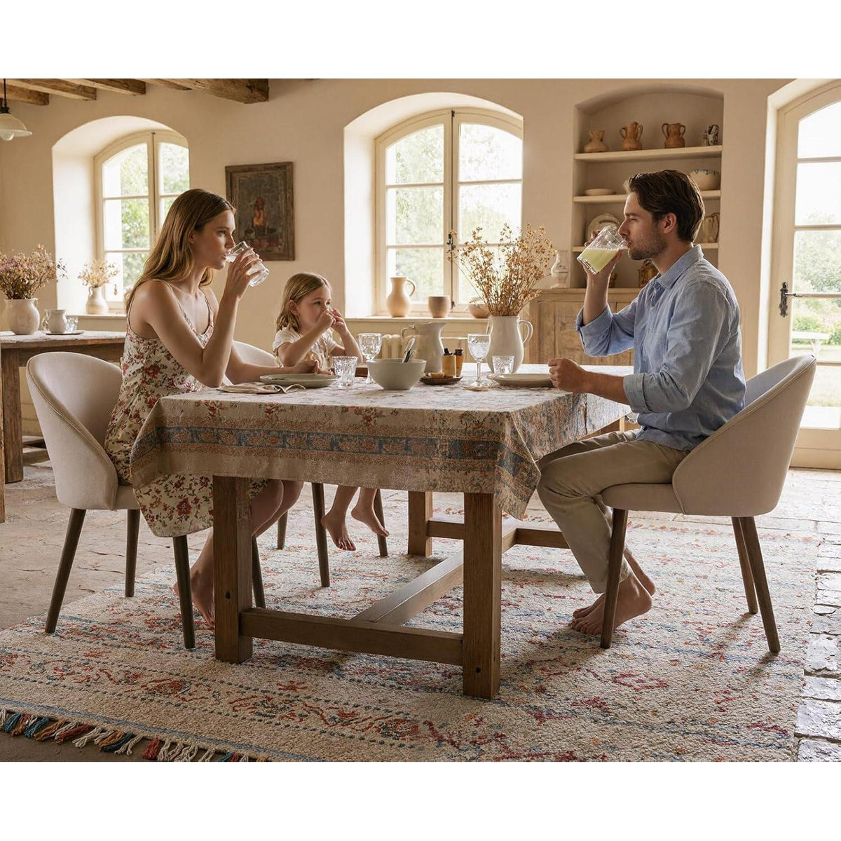 Esszimmerstühle Set 4 – Beige Chenille Polsterstuhl mit Holzbeinen