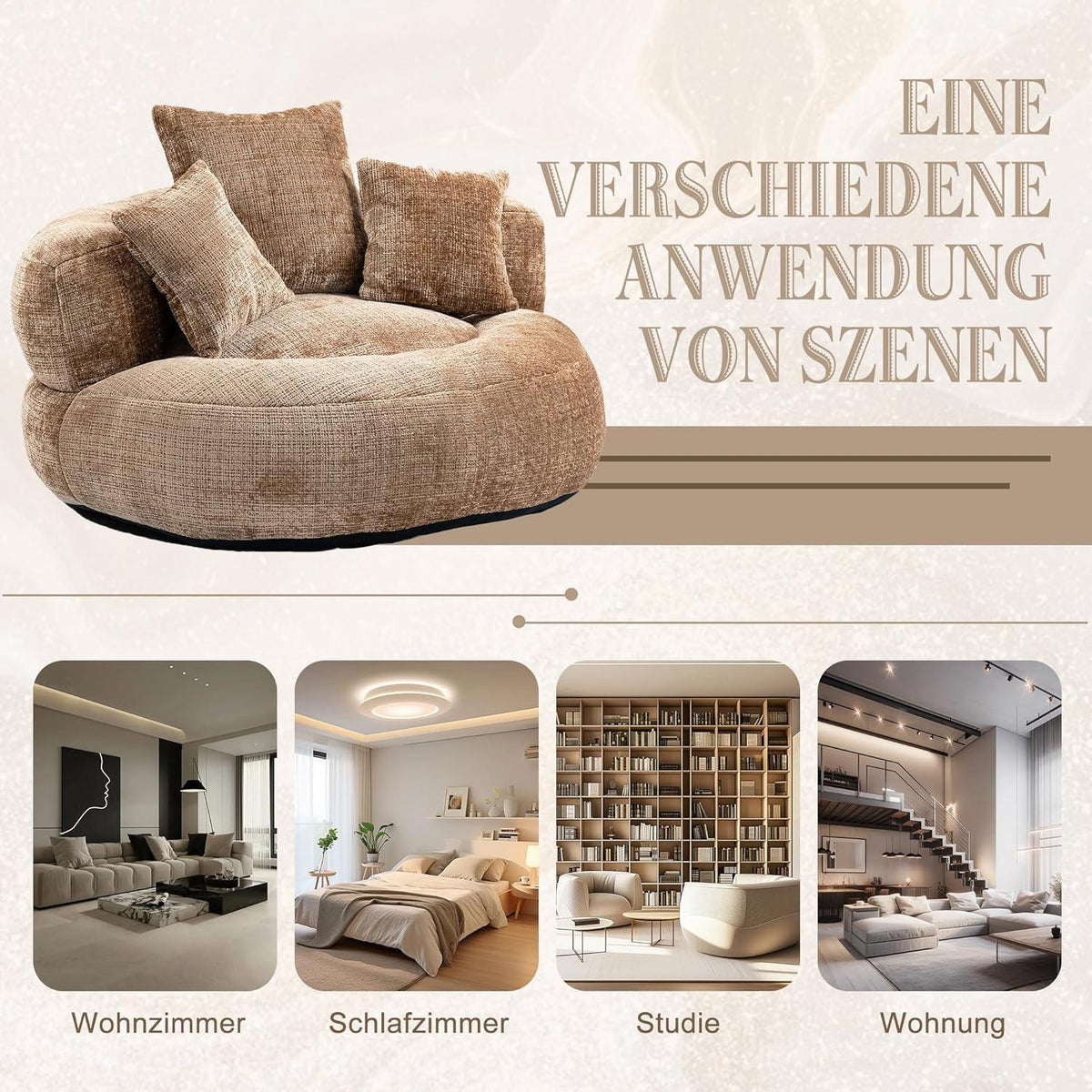 Lazy Sofa mit Hohem Rücken & 3 Kissen – Lounger Sitzsack Sofa Braun