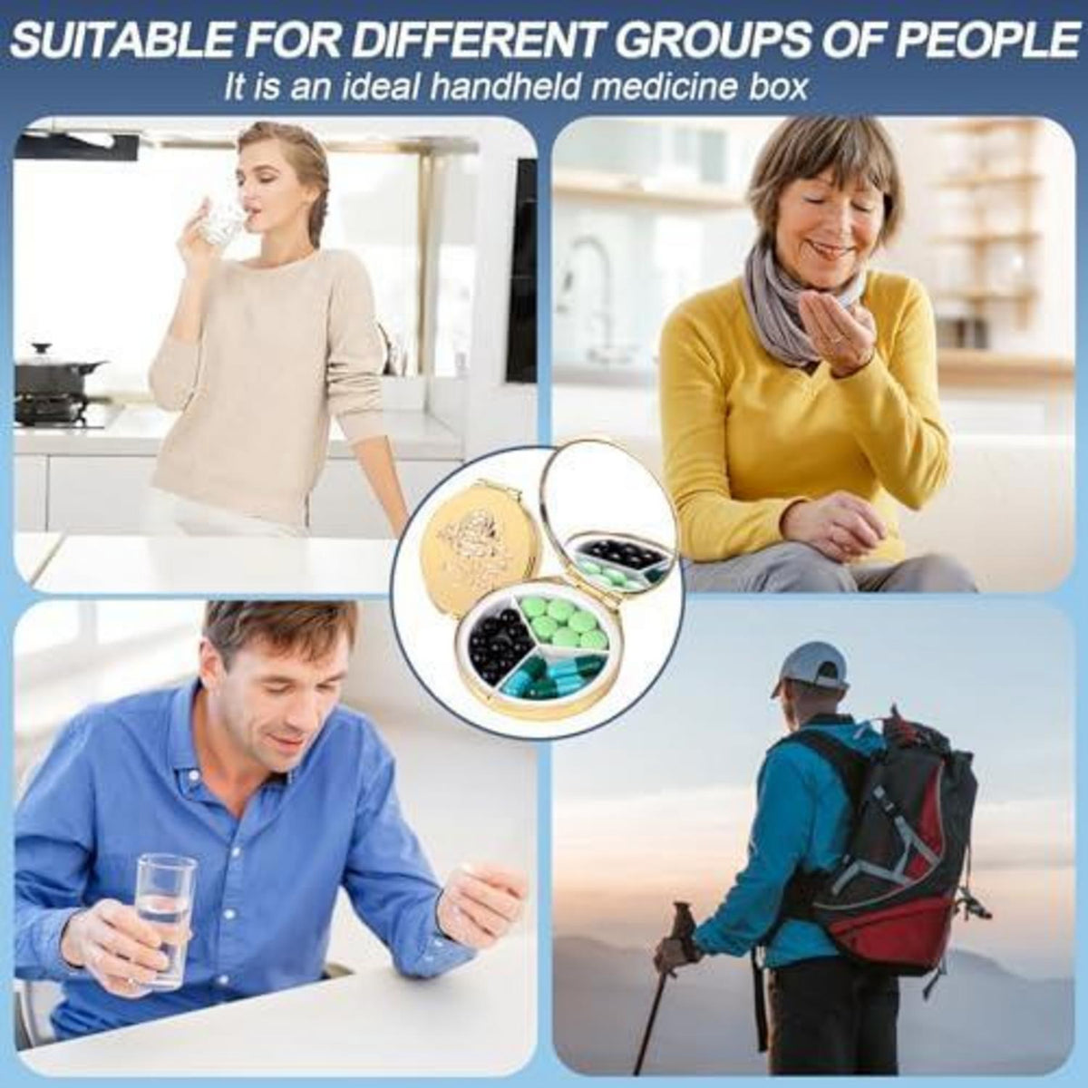 Metall Pillendose mit Spiegel & 3 Fächern – Reise-Organizer
