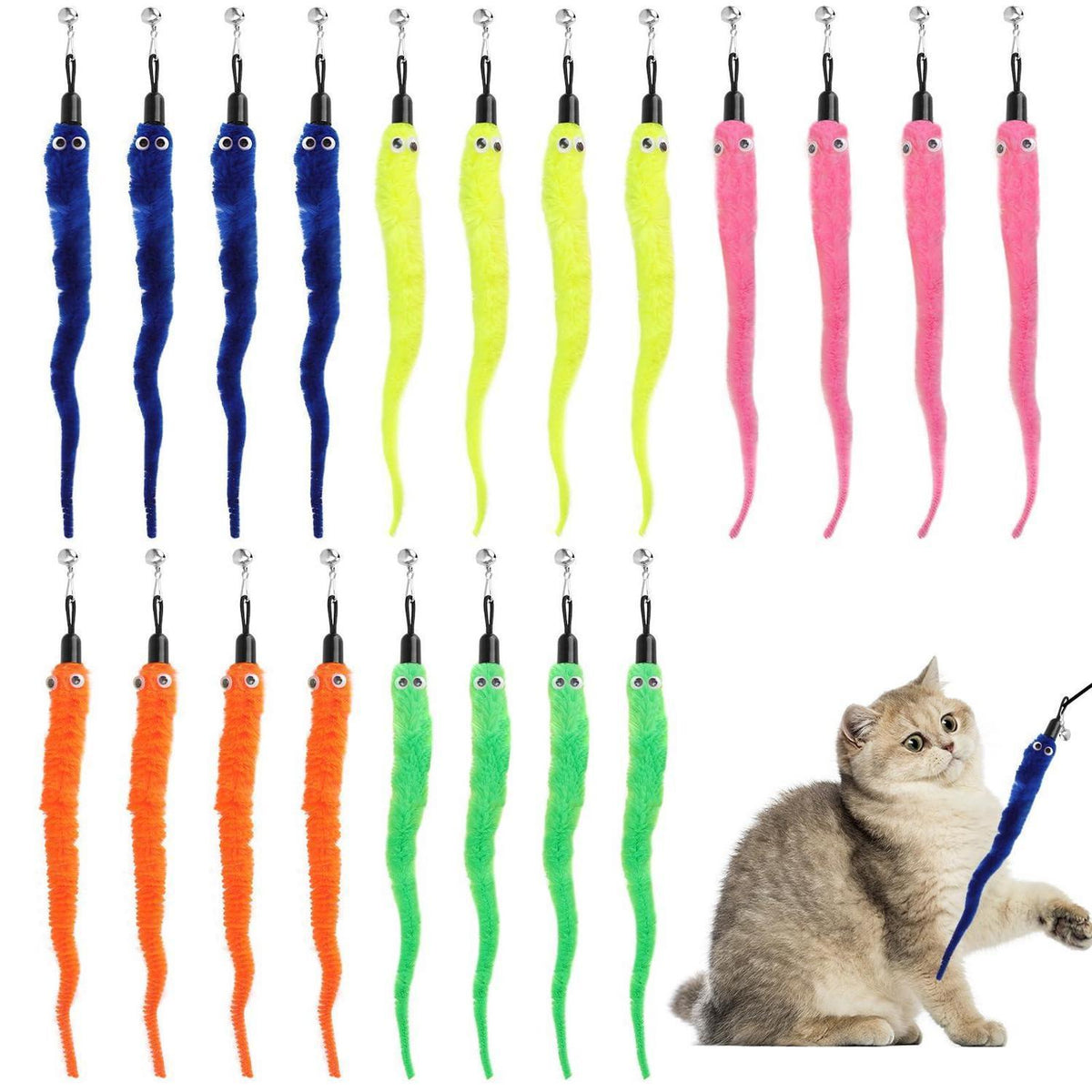 Katzenspielzeug Angel Set – 20 bunte Plüschwürmer mit Glocke