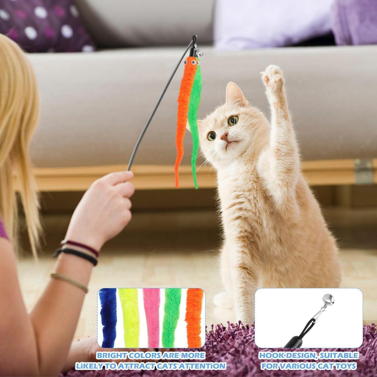 Katzenspielzeug Angel Set – 20 bunte Plüschwürmer mit Glocke