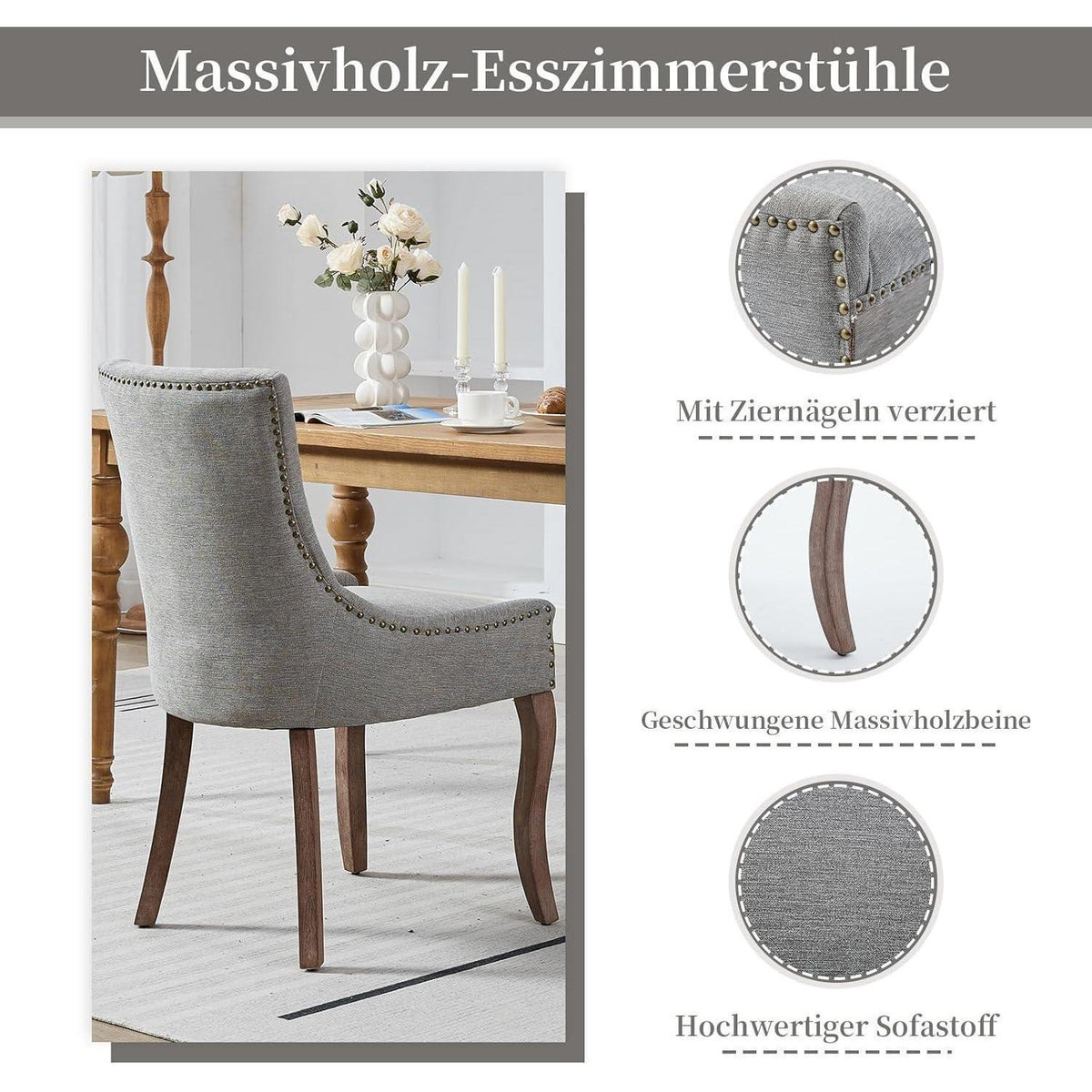 Esszimmerstuhl Set Grau – Bequemer Polsterstuhl mit Holzbeinen