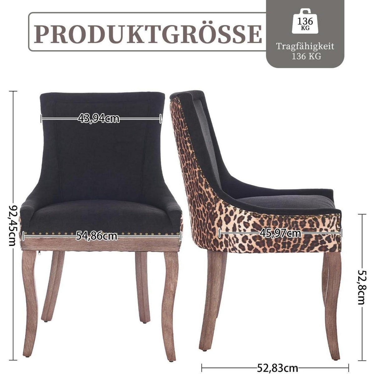 Esszimmerstuhl Set 2er – Leopardenmuster, Stoffbezug & Massivholz