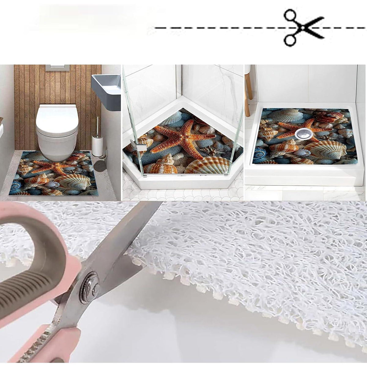 Rutschmatte Dusche 140x160cm – Seestern-Muster, Rutschfest & Ablaufloch