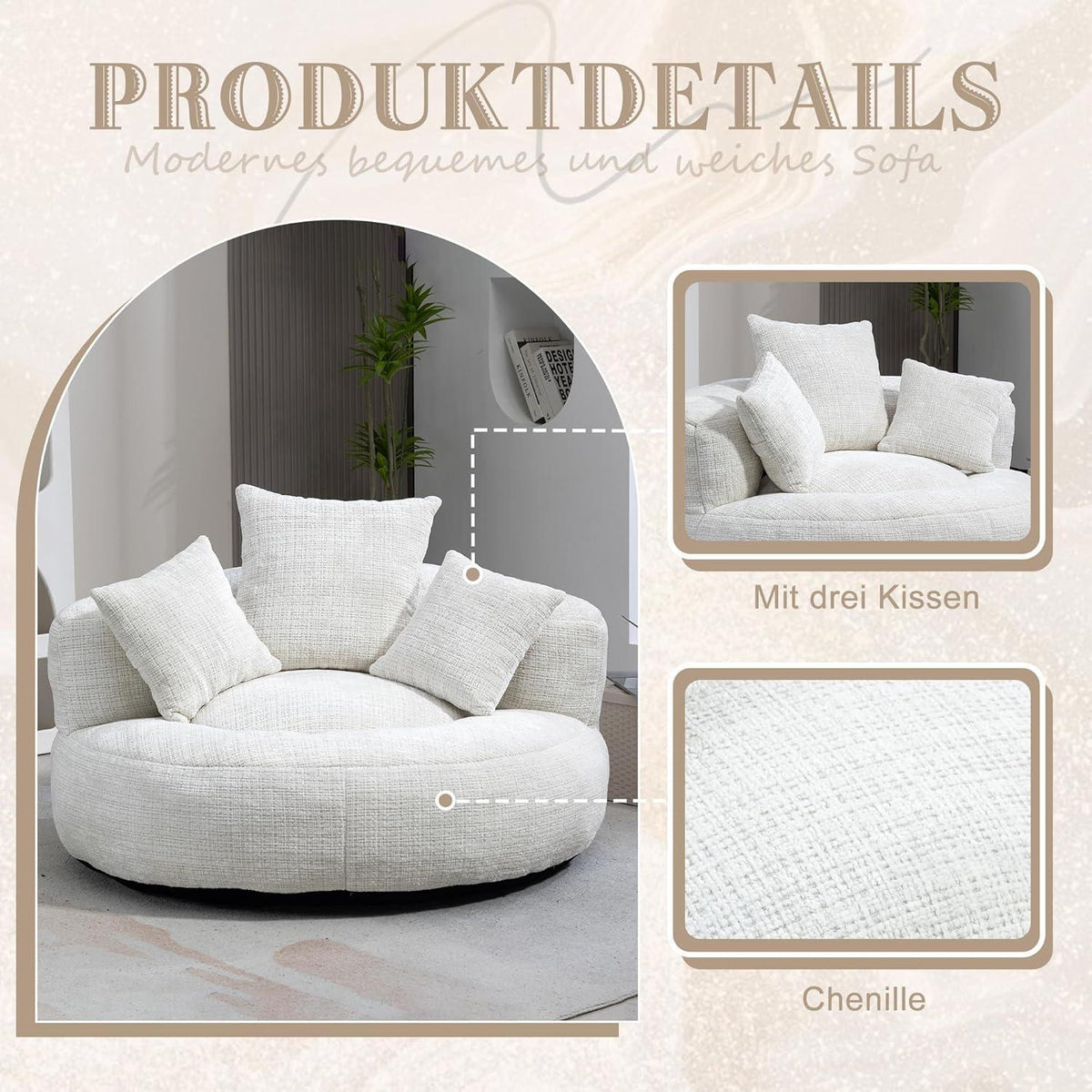 Lazy Sitzsack Sofa mit 3 Kissen – Beiges Lounger Möbel