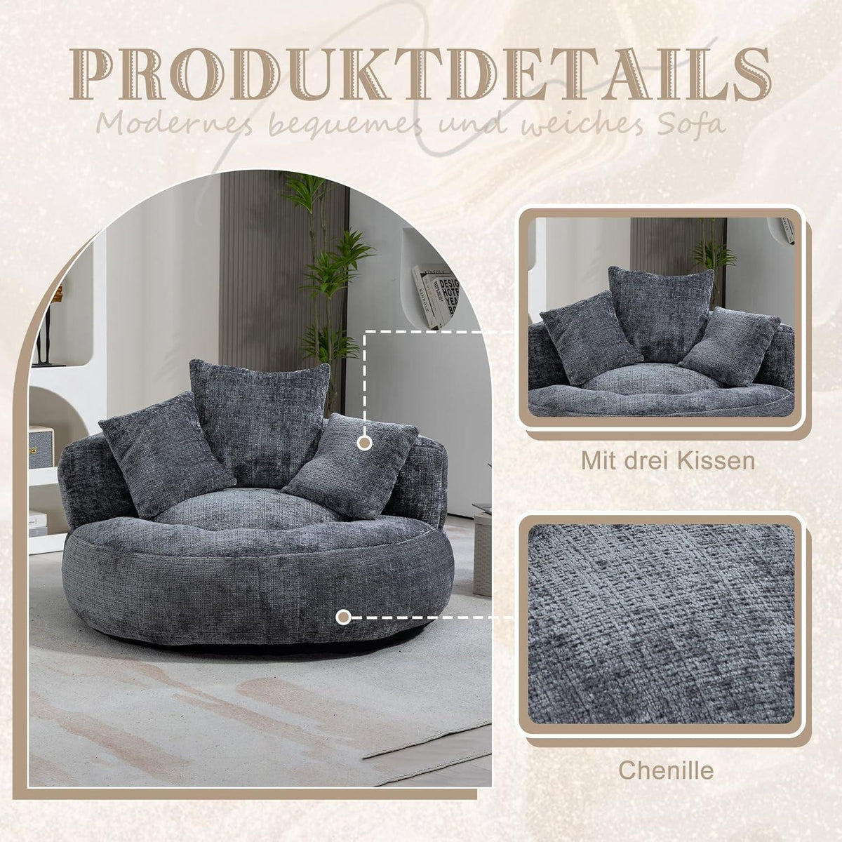 Lazy Sitzsack Sofa mit 3 Kissen – Grau