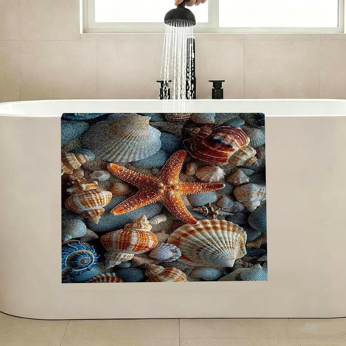 Rutschmatte Dusche 90x150 cm – Seestern-Muster & Ablaufloch