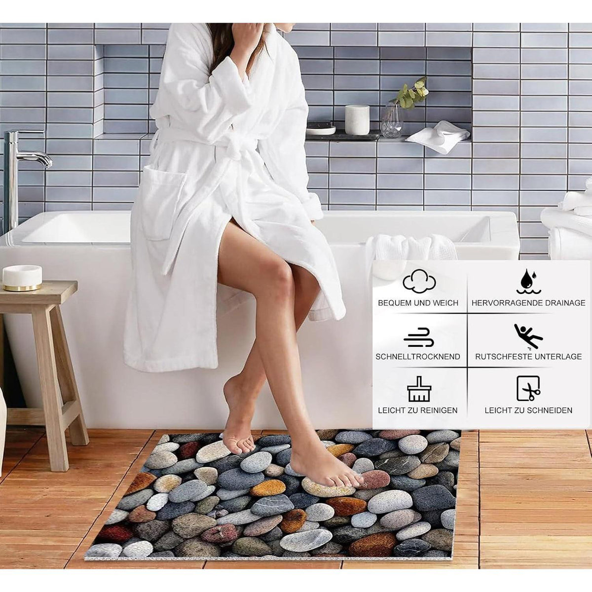 Rutschfeste Duschmatte 80x160 cm Kieselmuster mit Ablaufloch