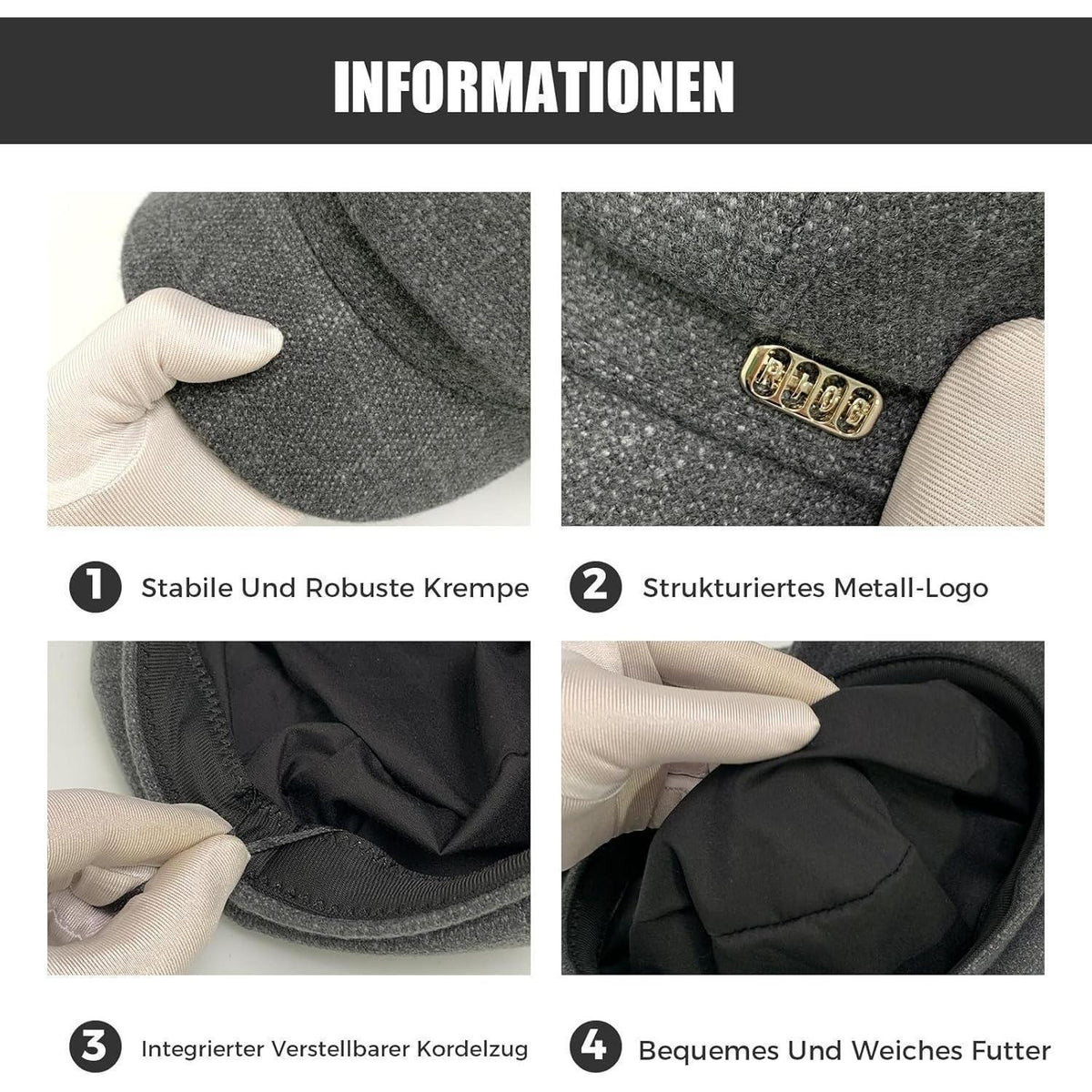 Vintage Damen Baskenmütze - Warme Schirmmütze Grau