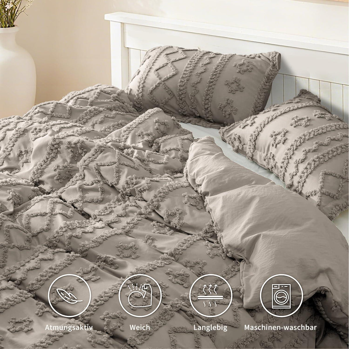 Boho Bettwäsche Set 135x200 Khaki Getuftet Geometrisch