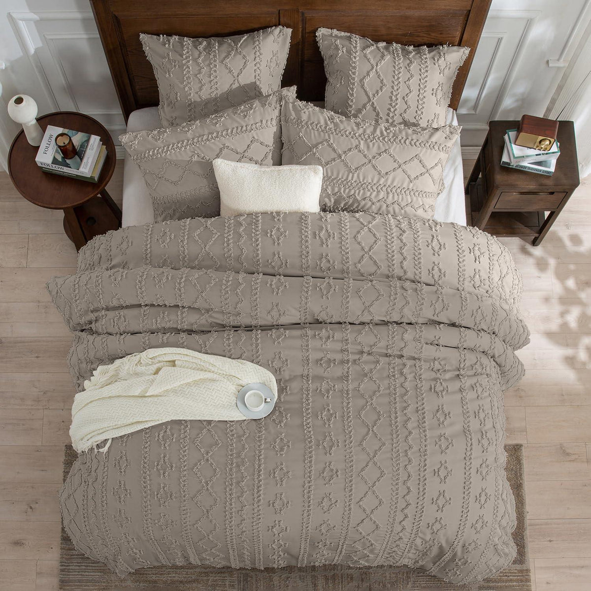 Boho Bettwäsche Set 135x200 Khaki Getuftet Geometrisch