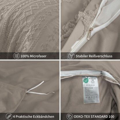 Boho Bettwäsche Set 135x200 Khaki Getuftet Geometrisch
