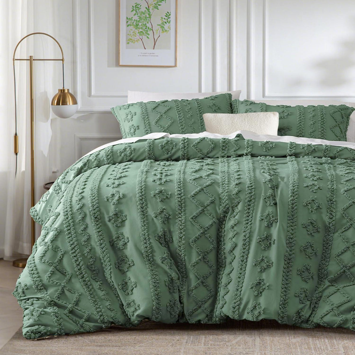 Boho Bettwäsche Set Dunkelgrün 200x220 mit Kissenbezügen