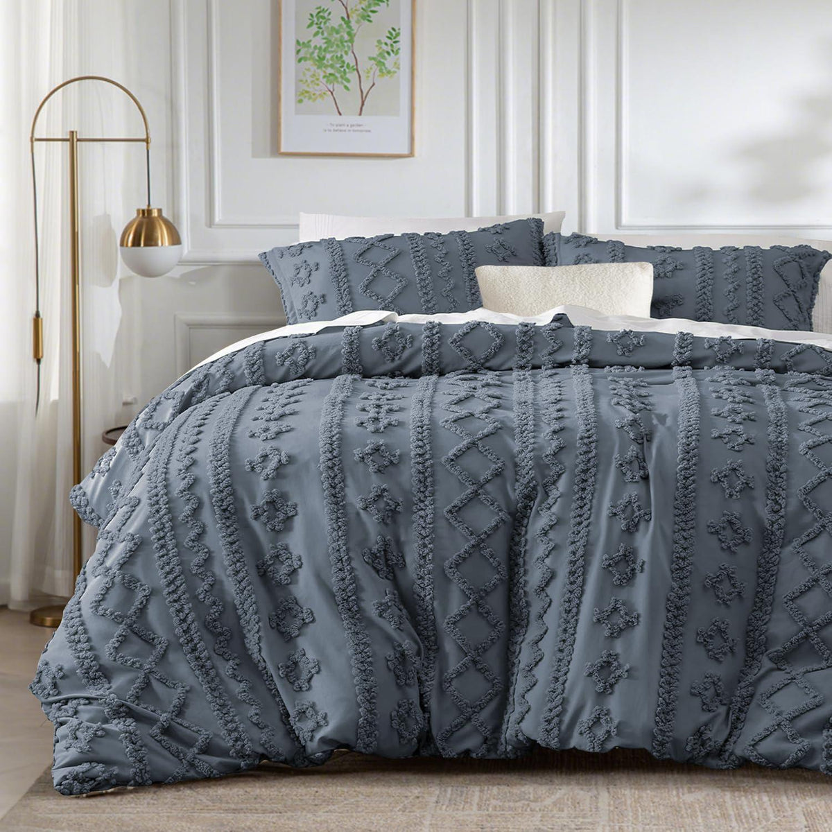 Boho Bettwäsche Set 135x200 Grau Dunkelgrau Getuftet