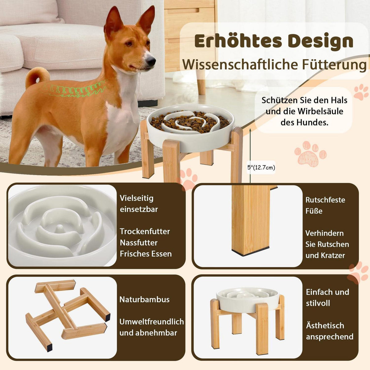 Erhöhter Keramik-Langsamfressnapf für Hunde – Milchweiß