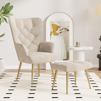 Loungesessel mit Hocker – Modernes Samt-Wohnzimmer Sofa Creme
