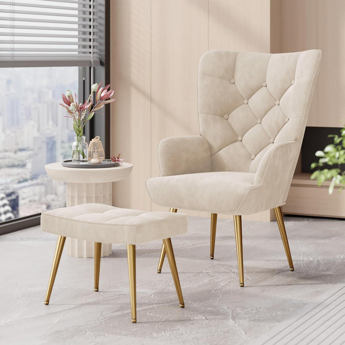 Loungesessel mit Hocker – Modernes Samt-Wohnzimmer Sofa Creme