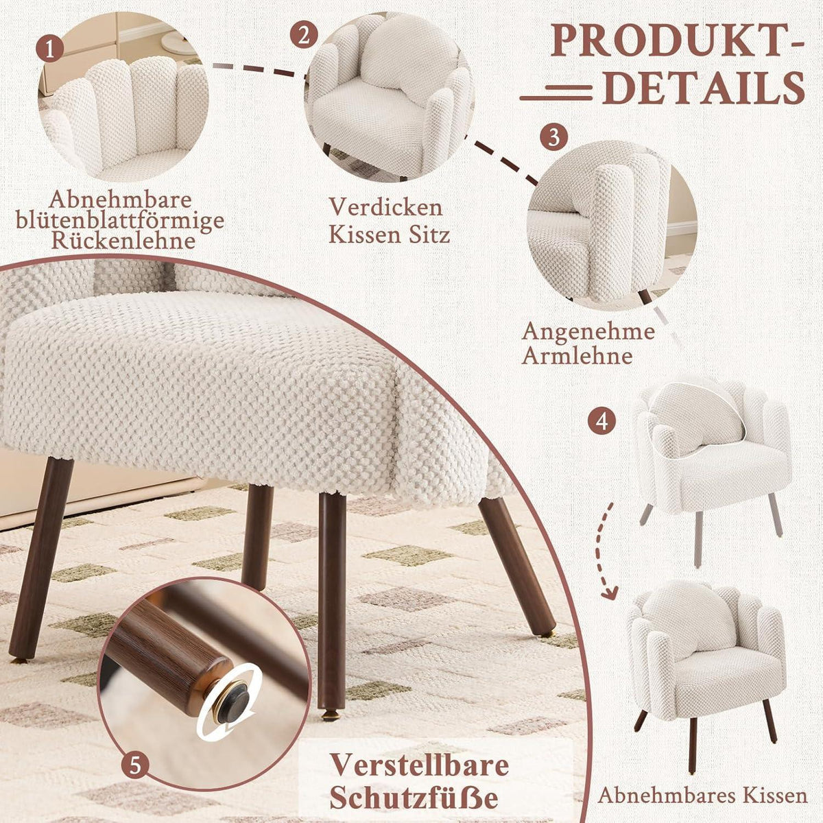 Gepolsterter Muschelsessel mit Blütenblatt-Rückenlehne, Beige
