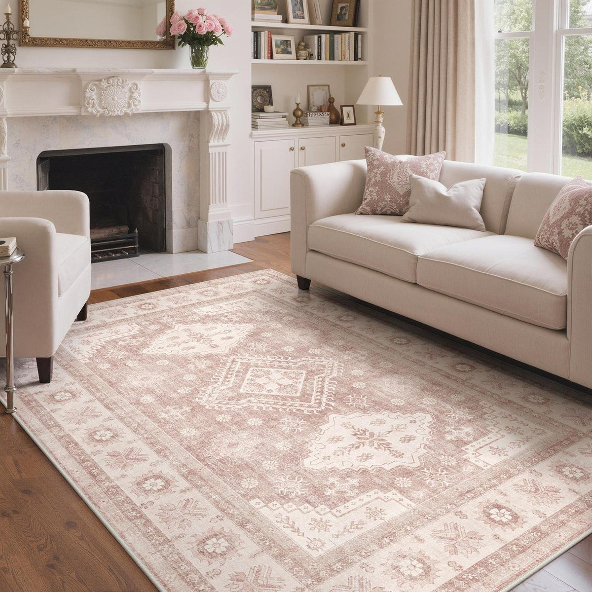Vintage Teppich 200x290 cm – Altrosa Beige – Wohnzimmerteppich
