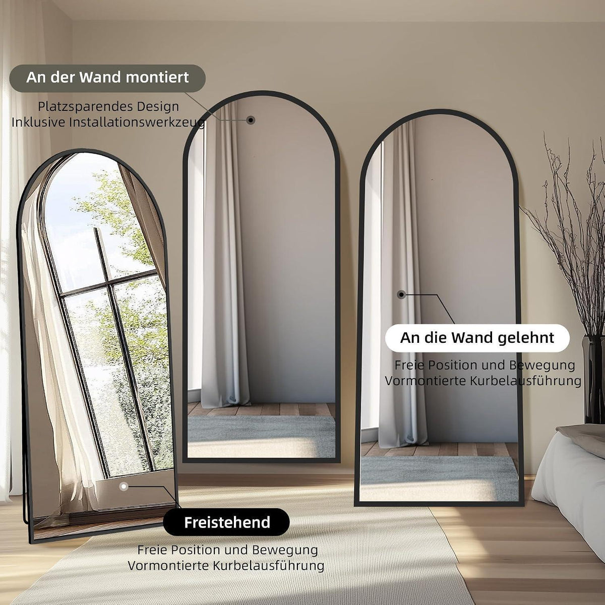 Ganzkörperspiegel Bogen 180x80 cm – Stand- & Wandspiegel Schwarz