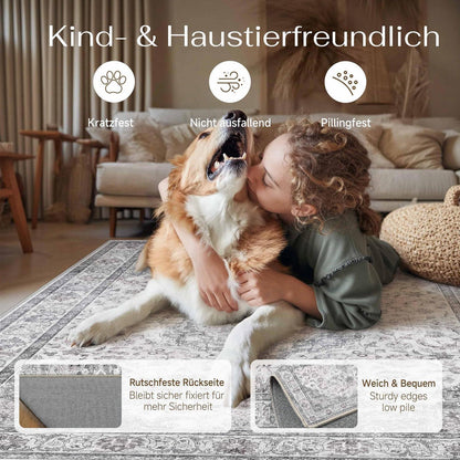 Grauer Vintage Teppich 160x230cm – Waschbar & Rutschfest