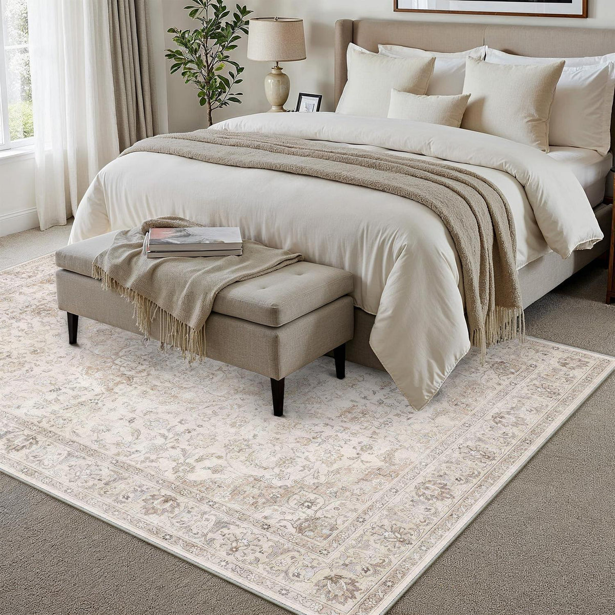 Waschbarer Beige Teppich Vintage 160x230cm – Wohnzimmer Kurzflor