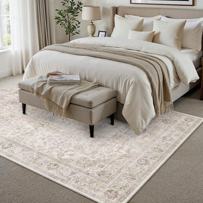 Waschbarer Beige Teppich Vintage 160x230cm – Wohnzimmer Kurzflor
