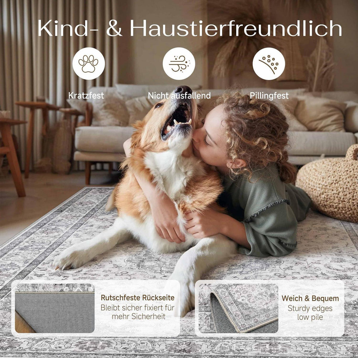 Vintage Grau Teppich Wohnzimmer 200x300cm Waschbar