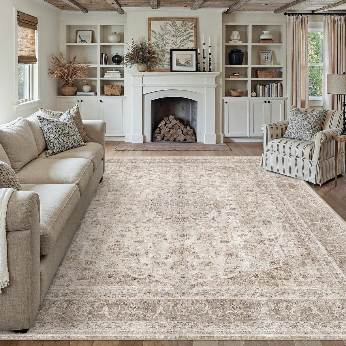 Waschbarer Wohnzimmerteppich Beige 200x300cm Vintage Kurzflor
