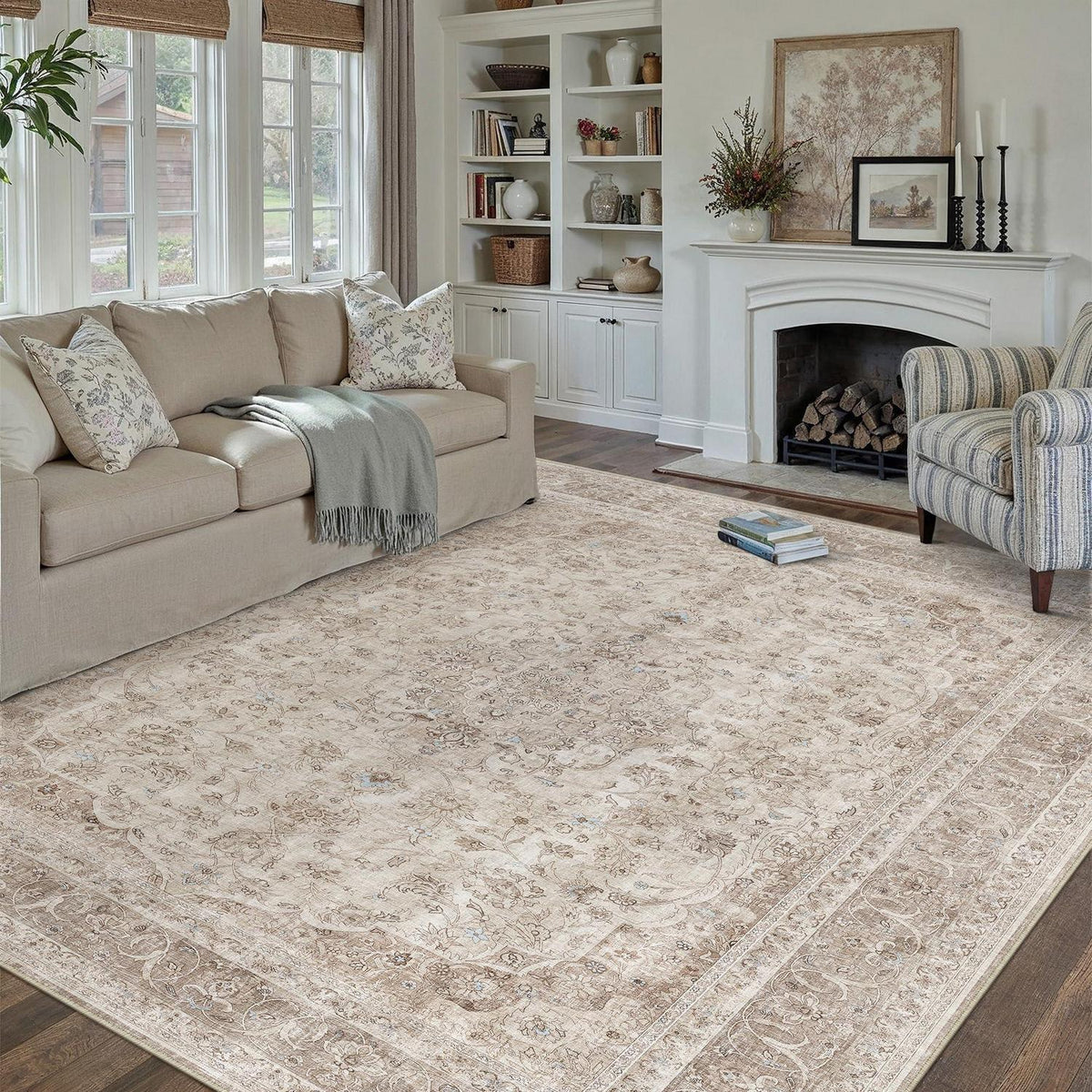 Waschbarer Wohnzimmerteppich Beige 200x300cm Vintage Kurzflor
