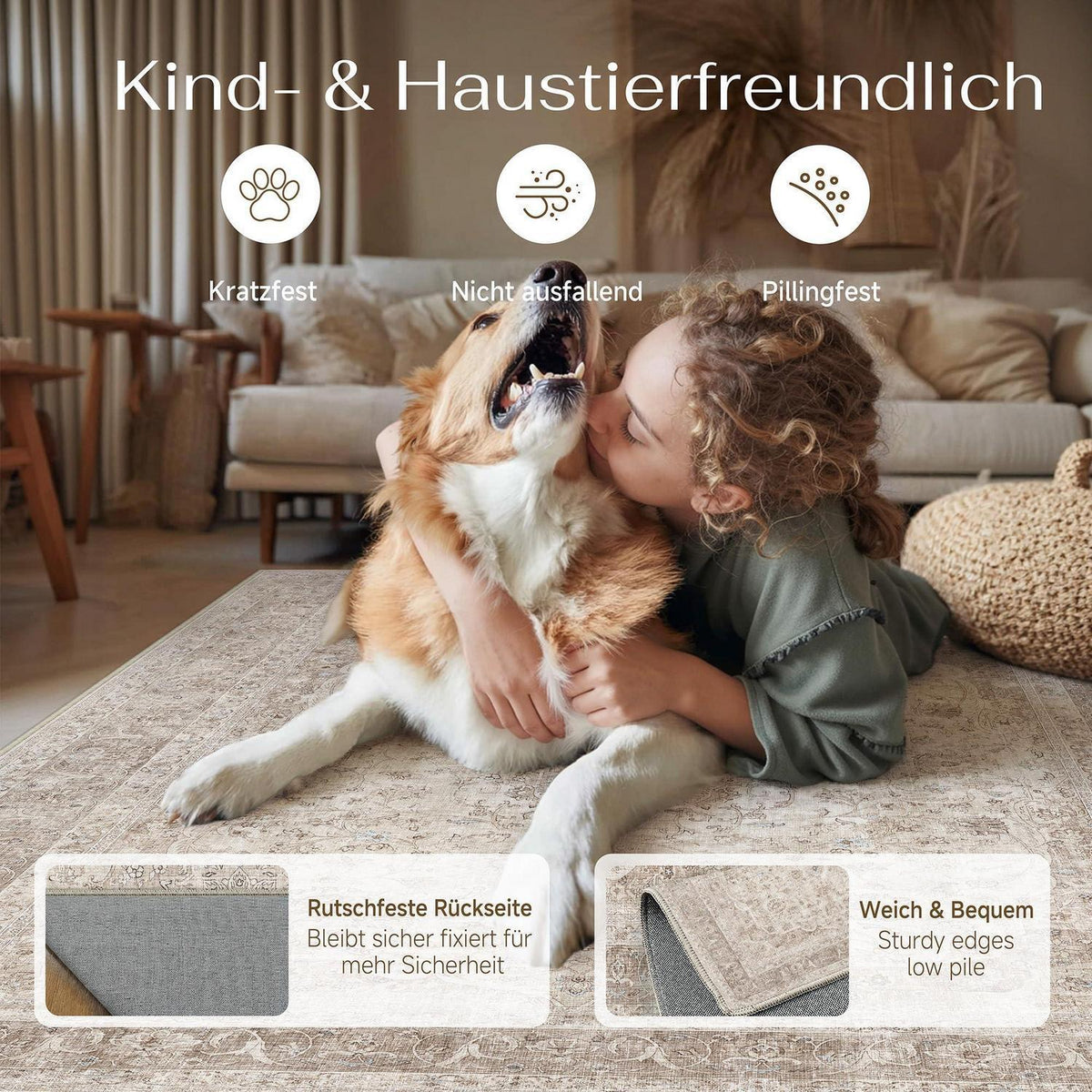 Waschbarer Wohnzimmerteppich Beige 200x300cm Vintage Kurzflor