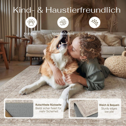Waschbarer Wohnzimmerteppich Beige 200x300cm Vintage Kurzflor