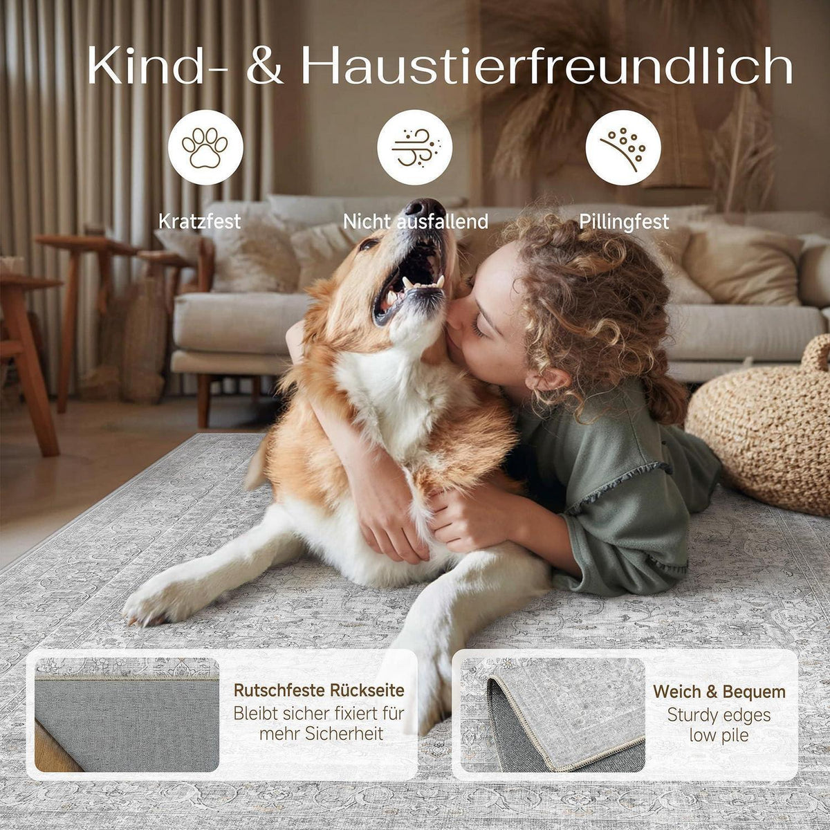 Waschbarer Vintage Teppich Grau 200x300cm – PureCozy