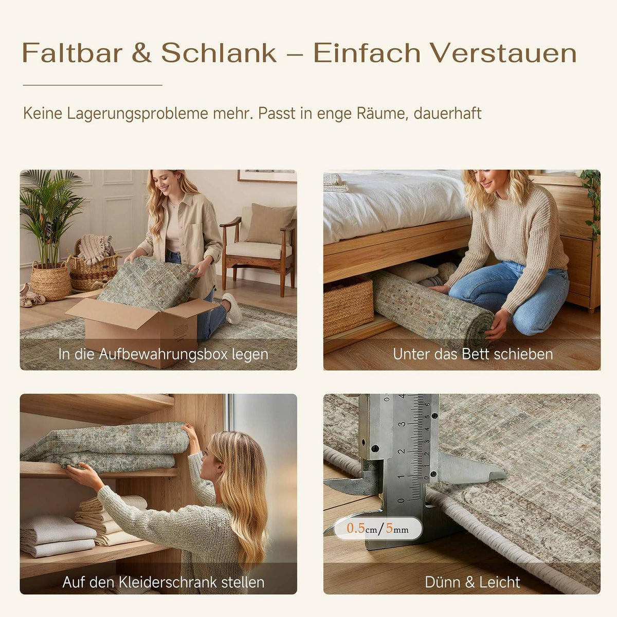 Vintage Teppich Grün Braun 200x300cm Waschbar Kurzflor