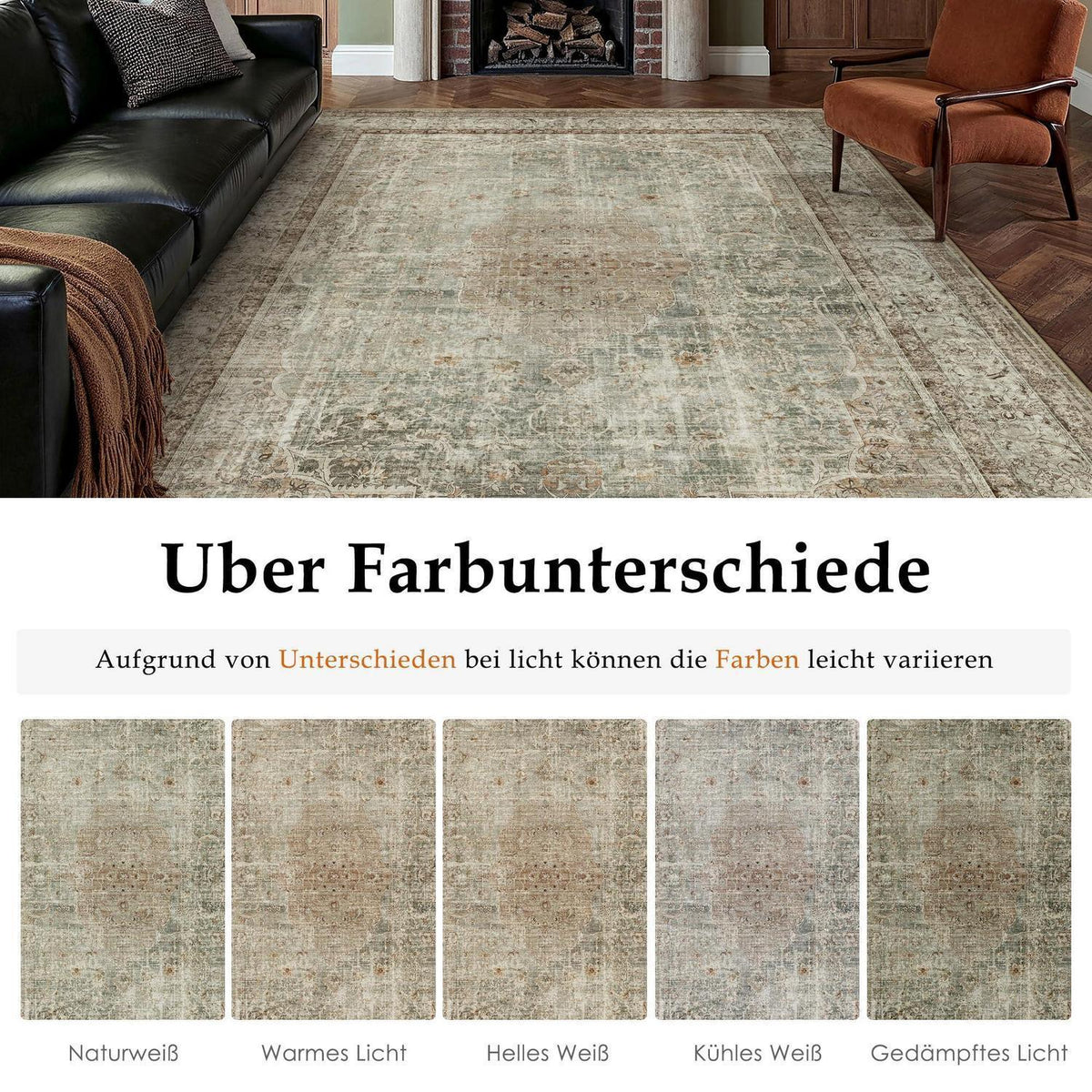 Vintage Teppich Grün Braun 200x300cm Waschbar Kurzflor