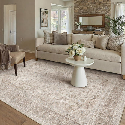 Waschbarer Beige Teppich 160x230cm – Vintage Kurzflor Wohnteppich