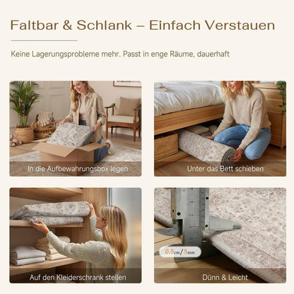 Waschbarer Beige Teppich 160x230cm – Vintage Kurzflor Wohnteppich