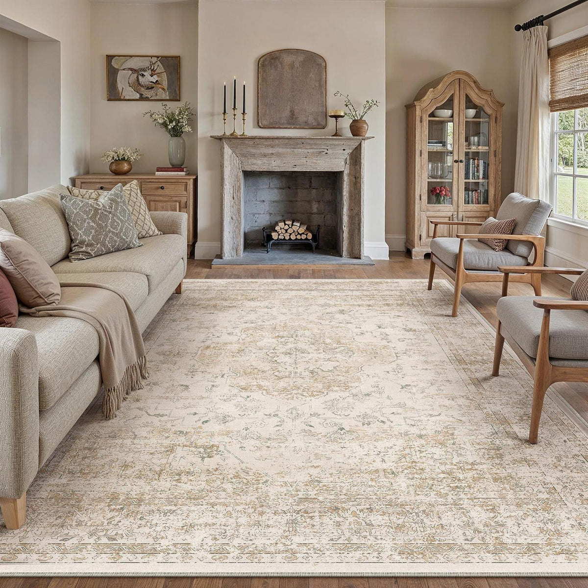 Waschbarer Vintage Teppich Beige 200x300cm Kurzflor