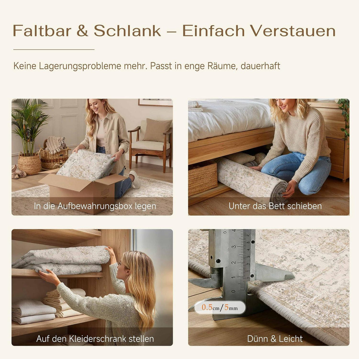 Waschbarer Vintage Teppich Beige 200x300cm Kurzflor