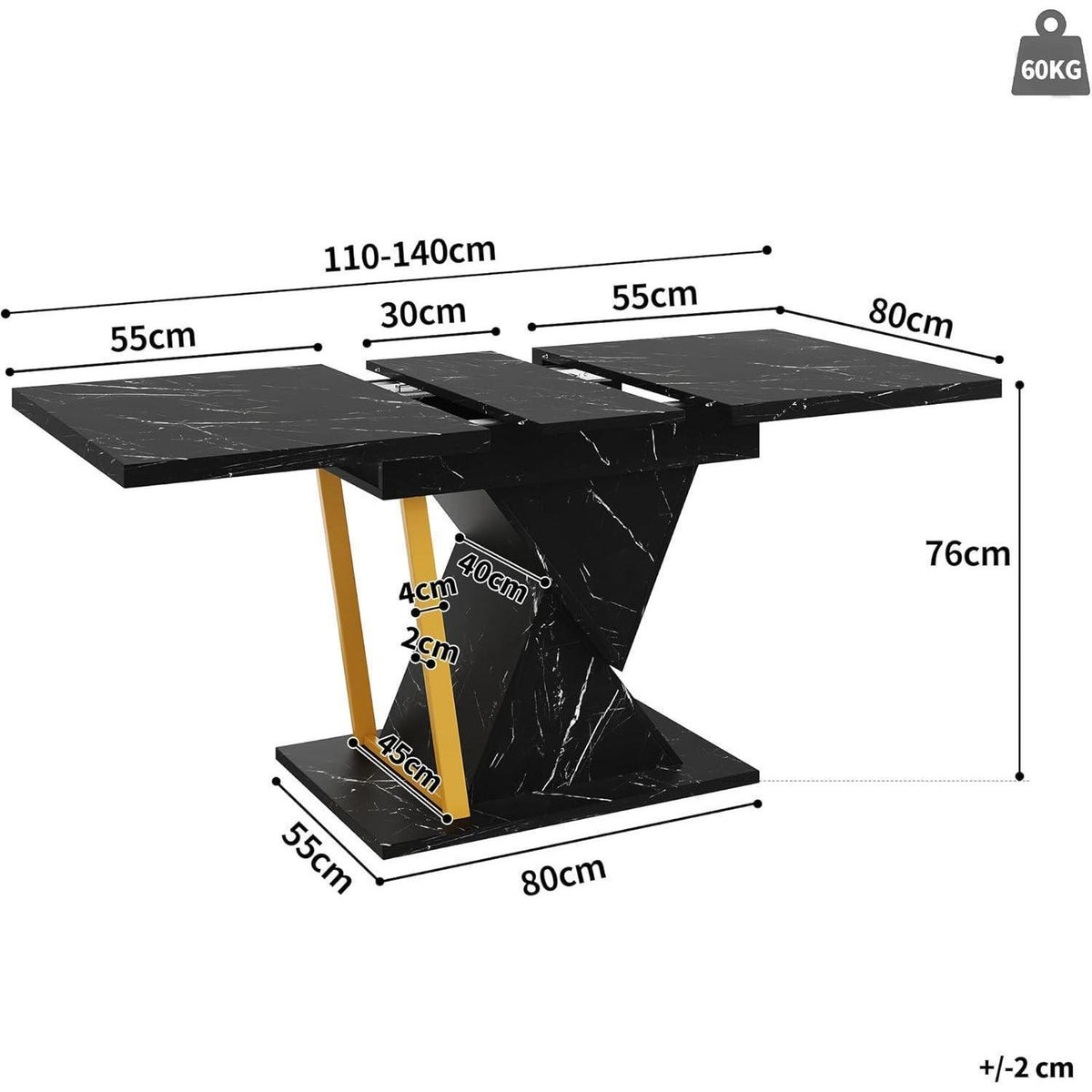 Ausziehbarer Esstisch Holz 110-140 cm mit Marmoroptik