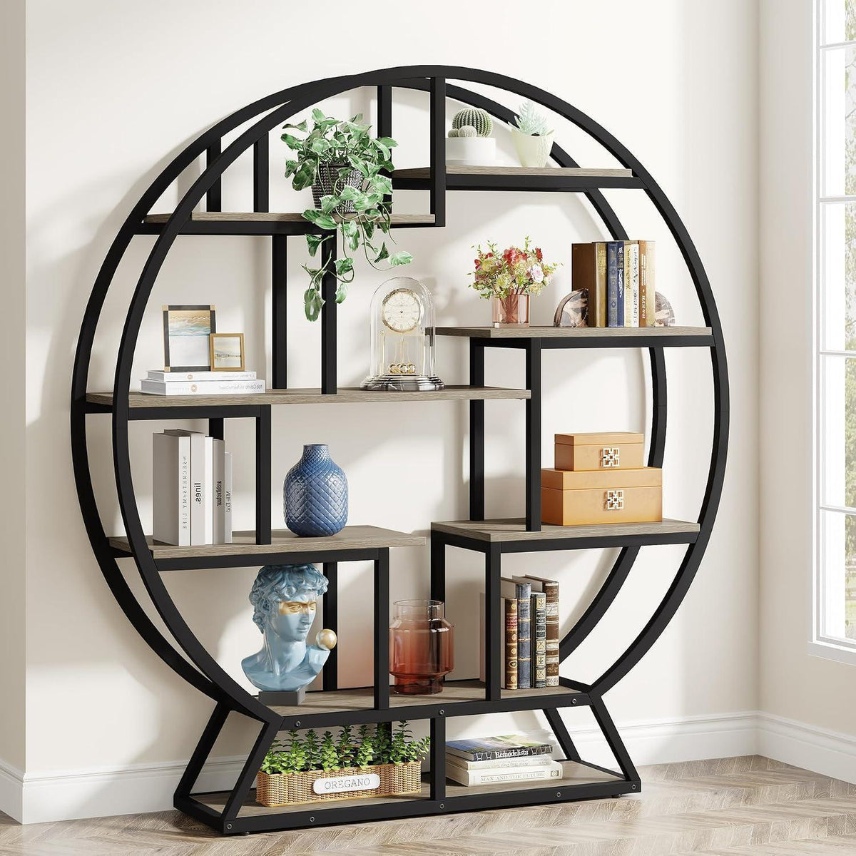 Rundes Bücherregal Industrie-Stil, 5 Etagere, 160cm hoch