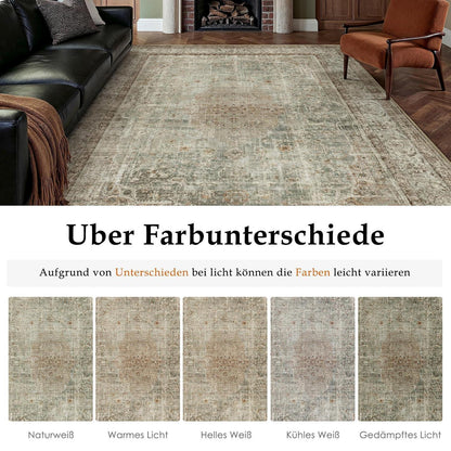 Waschbarer Teppich Grün Braun 300x400cm – Vintage Kurzflor Wohnteppich